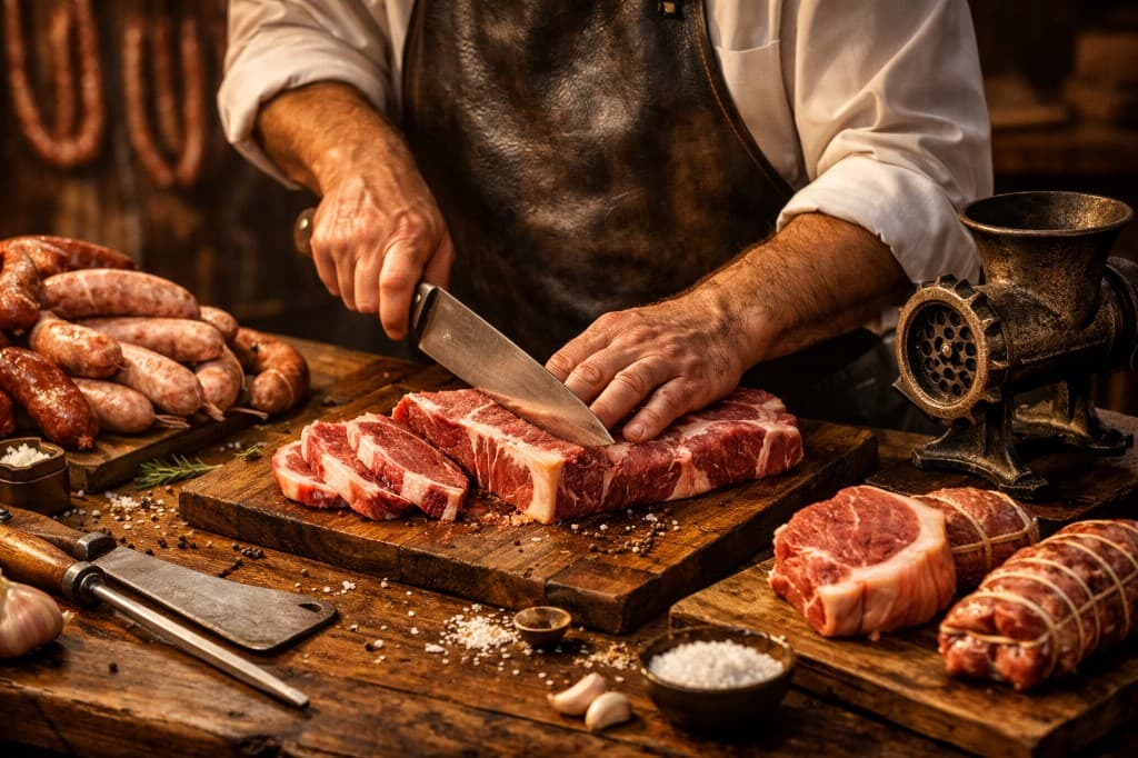 Fleischermeister bei der Arbeit – Fleisch zuschneiden in der Werkstatt