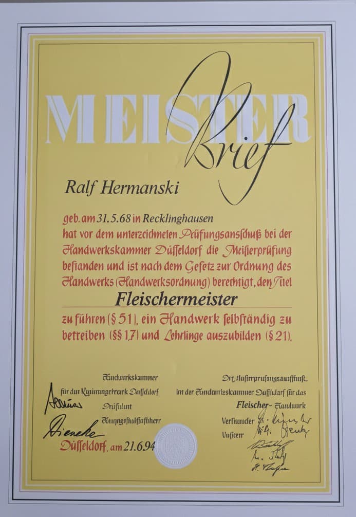 Meisterbrief — Fleischermeister Ralf Hermanski, Handwerkskammer Düsseldorf 1994