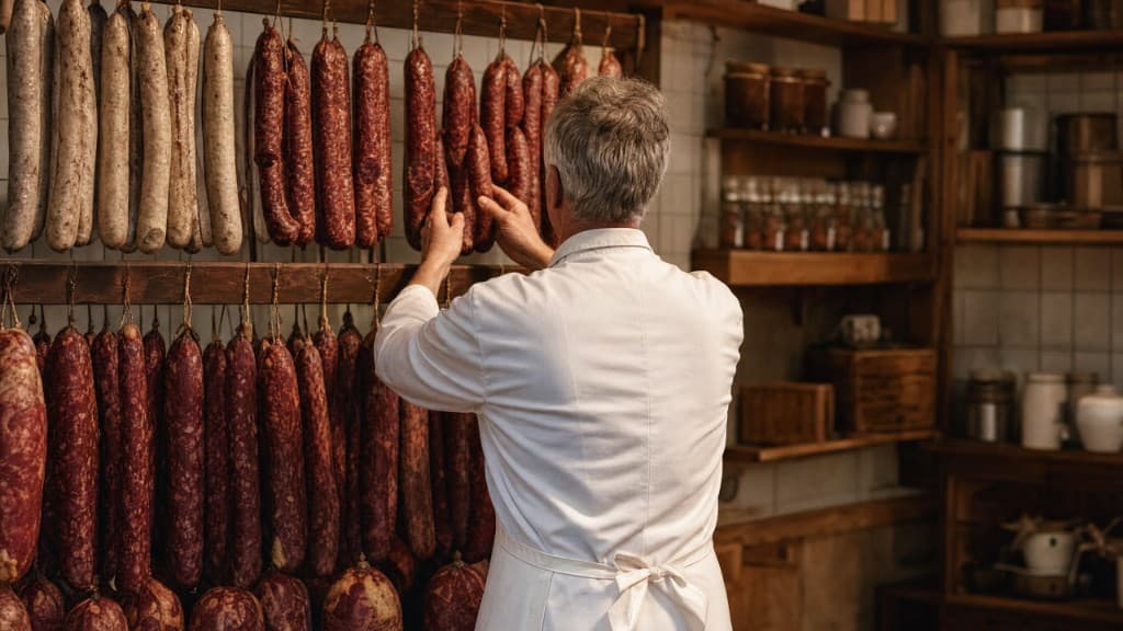 Fleischermeister bei der Wurstreifung — Geduld im Handwerk