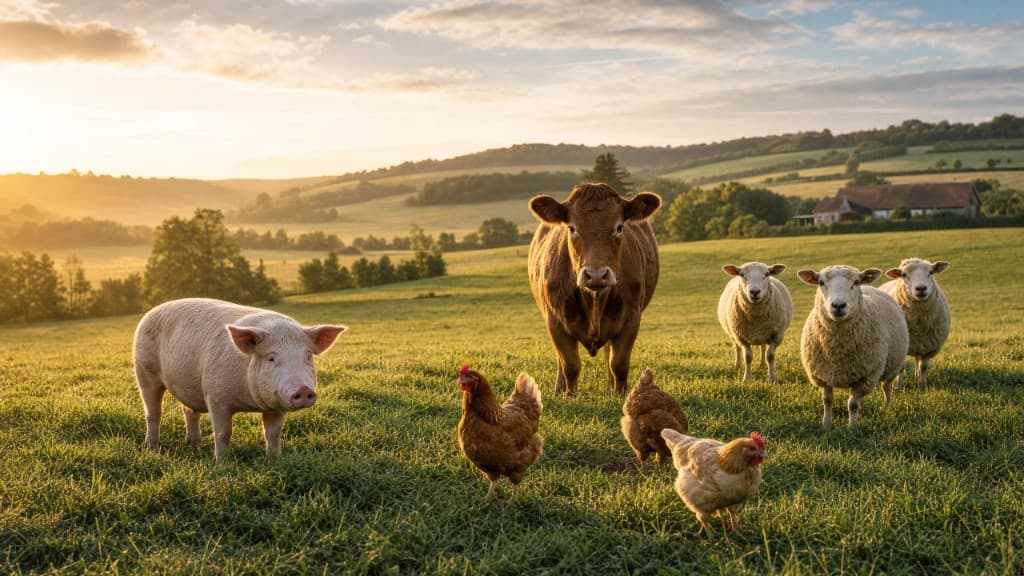 Rind, Schwein, Schafe und Hühner auf der Weide — Respekt vor dem Tier